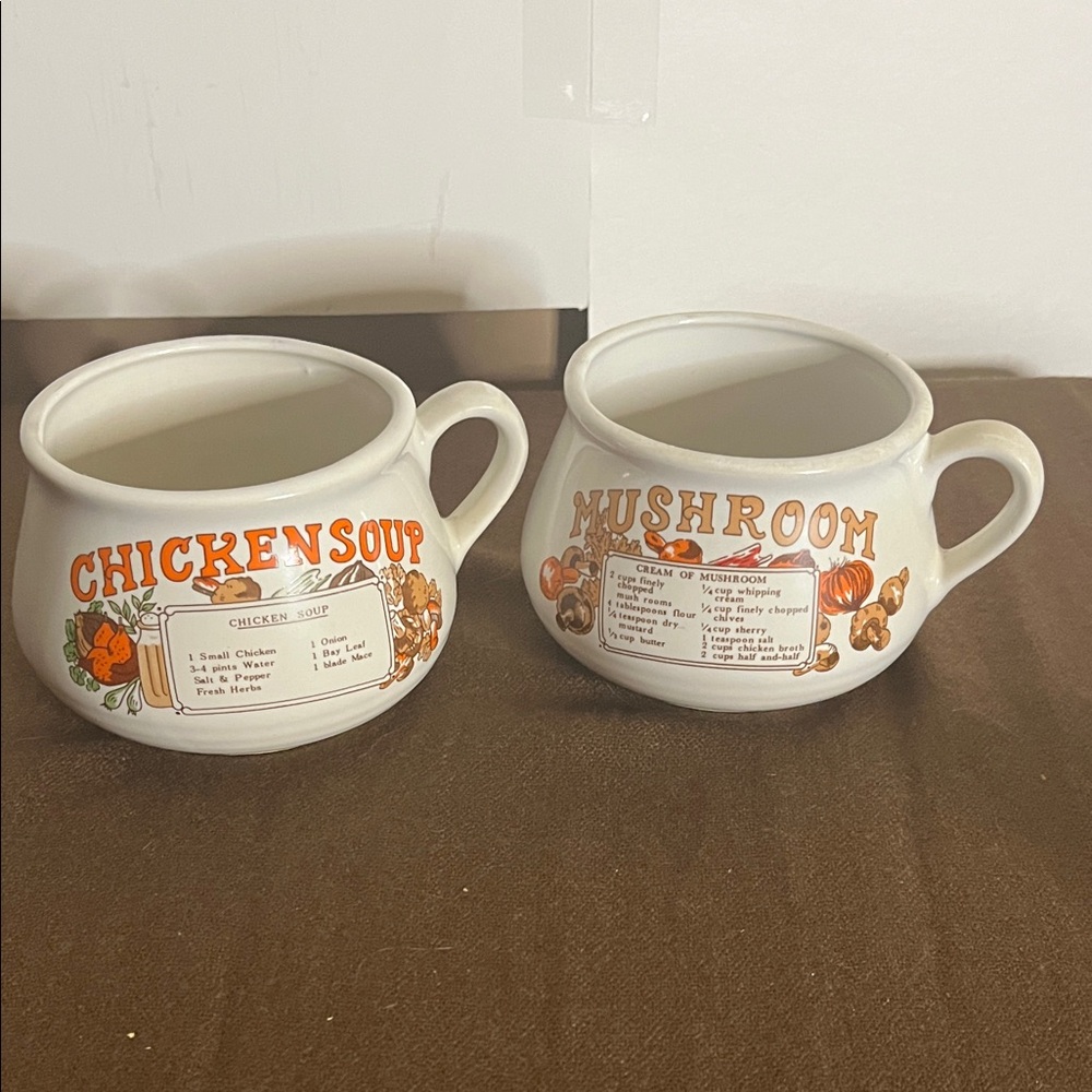 😄Vintage chicken Mushroom Soup Recipe Mugs stoneware drip  1970s 1980s Taiwan